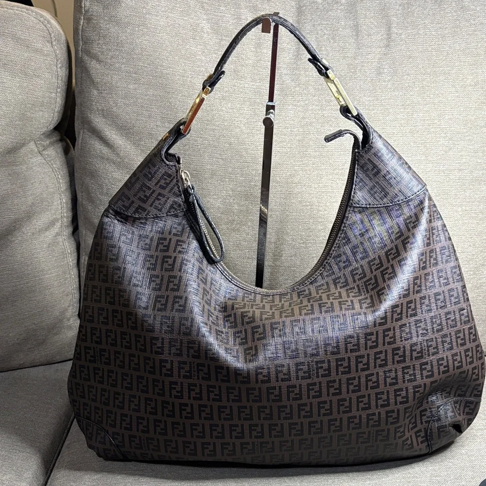 Authentic Fendi Dark Brown Zucchino FF Logo Hobo Bag with Gold-Tone Accents
